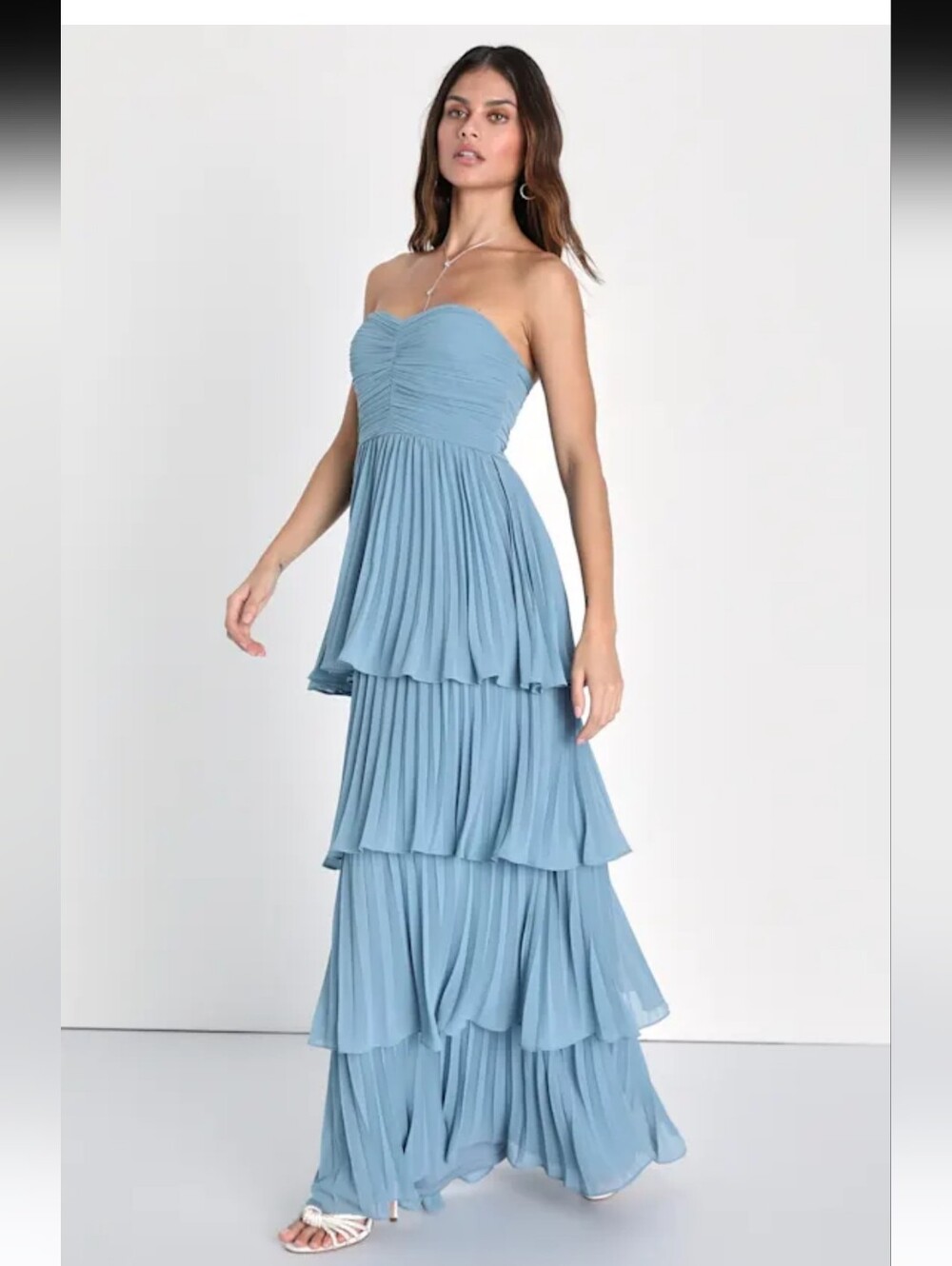 Lulu's Dusty Blue Strapless Tiered Chiffon Maxi Dress Women Size S #3G